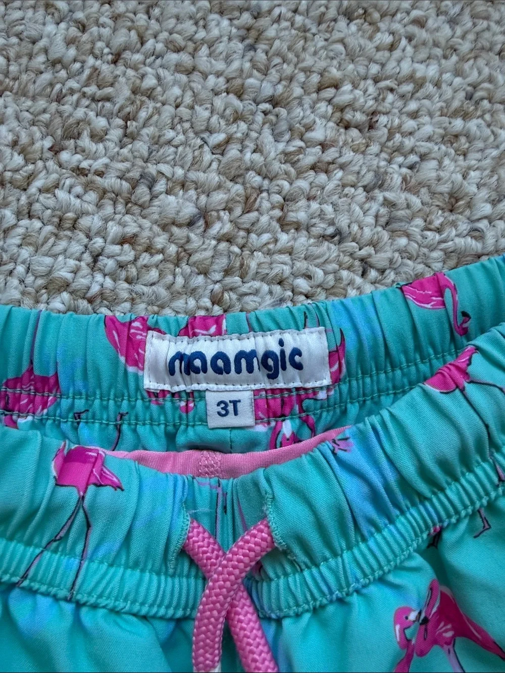 Maamgic Turquoise Swim Trunks with Pink Flamingo Print